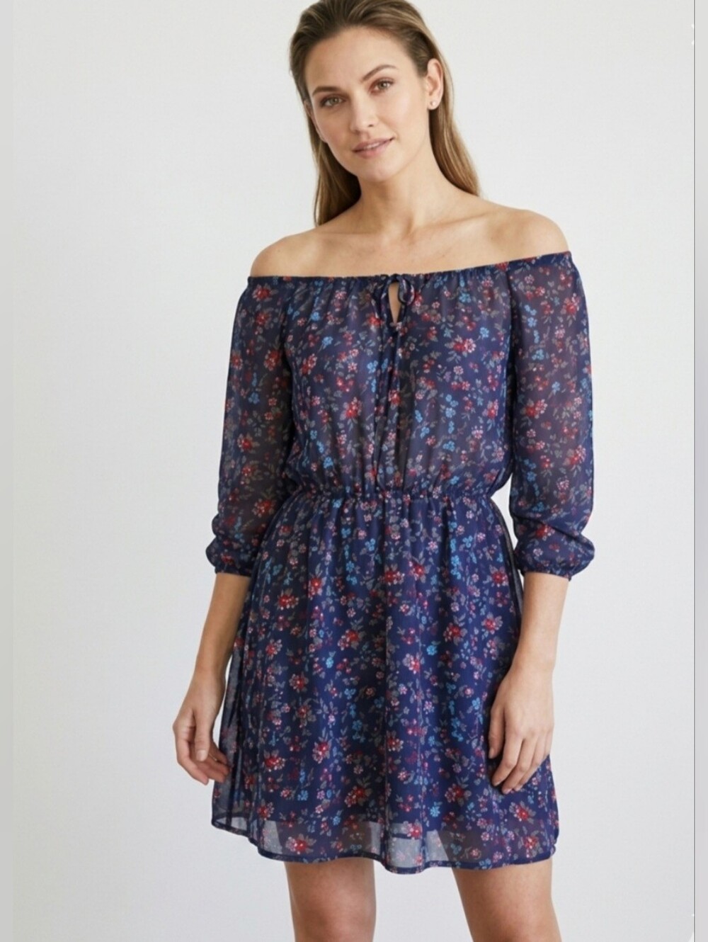NWT Zero. D.C Off Shoulder Chiffon Long Sleeve Flowy Floral Dress Size Medium